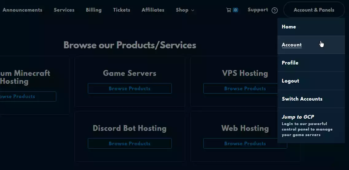 The Account & Panels button located on the right side of the navigation bar with the "Account" option selected from the dropdown