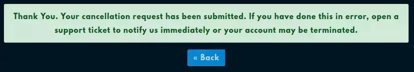 The Account Cancellation Request submitted page
