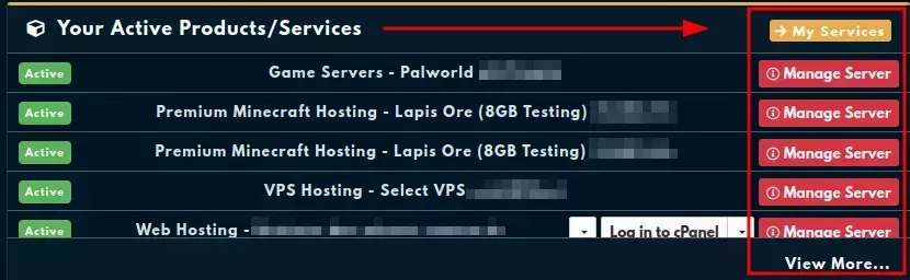 The "Your Active Products/Services" pane with a "Manage Server" button on the right side of each entry.