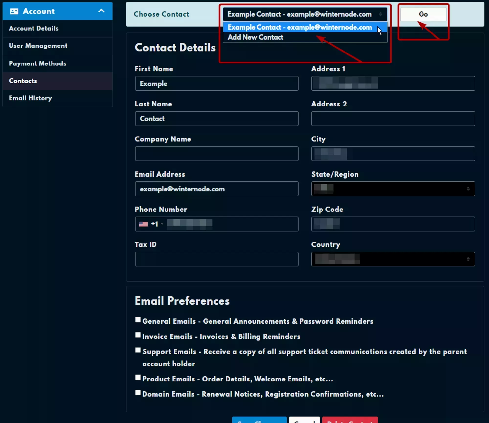 the Choose Contact dropdown