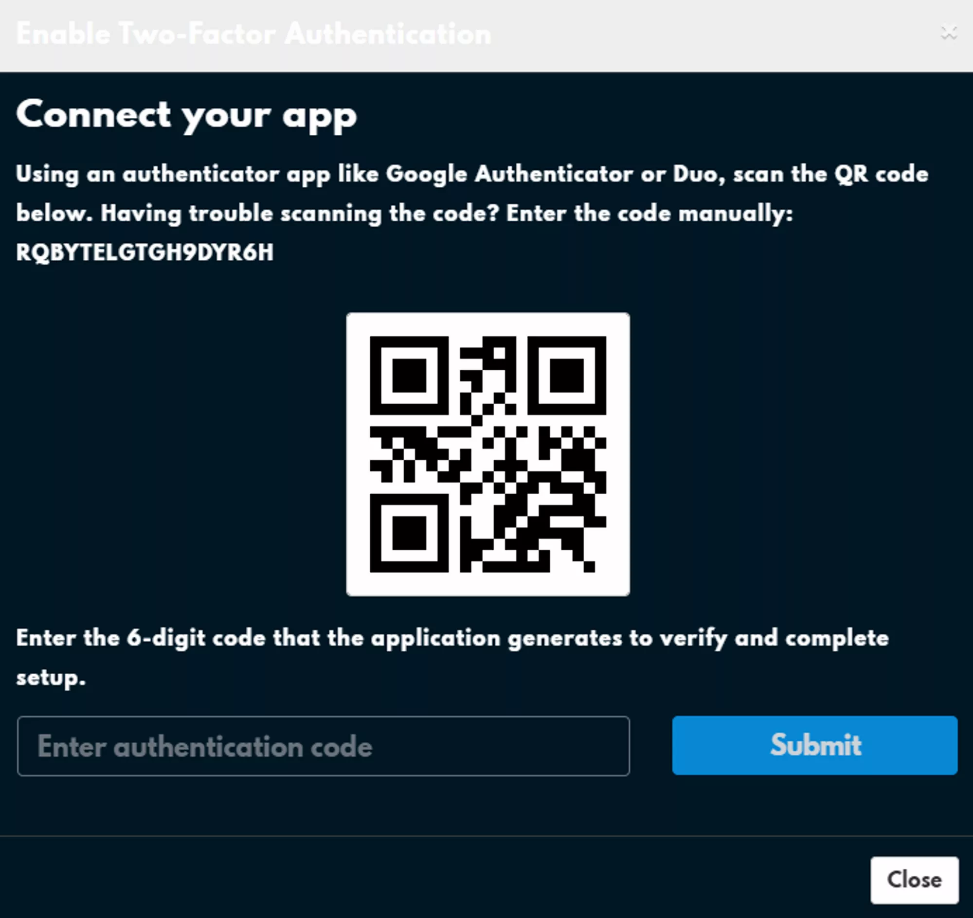 A modal titled "Connect your app" with a 2D QR code in the center and the alphanumeric code located above it, to the left, and in bold. Below that is a text box titled "Enter authentication code" with a button labeled "Submit" on the right.