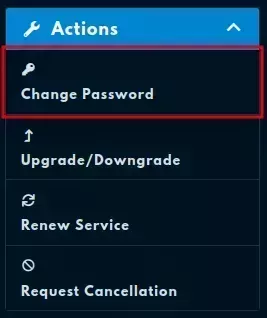 The actions sidebar on the left side of a service page with the "Change Password" option located at the top of the list.