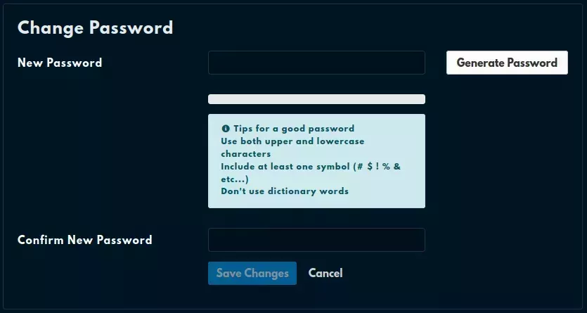 The "Change Password" page with two empty fields, a "Generate Password" field, a complexity bar, and a "Tips for a good password" callout.