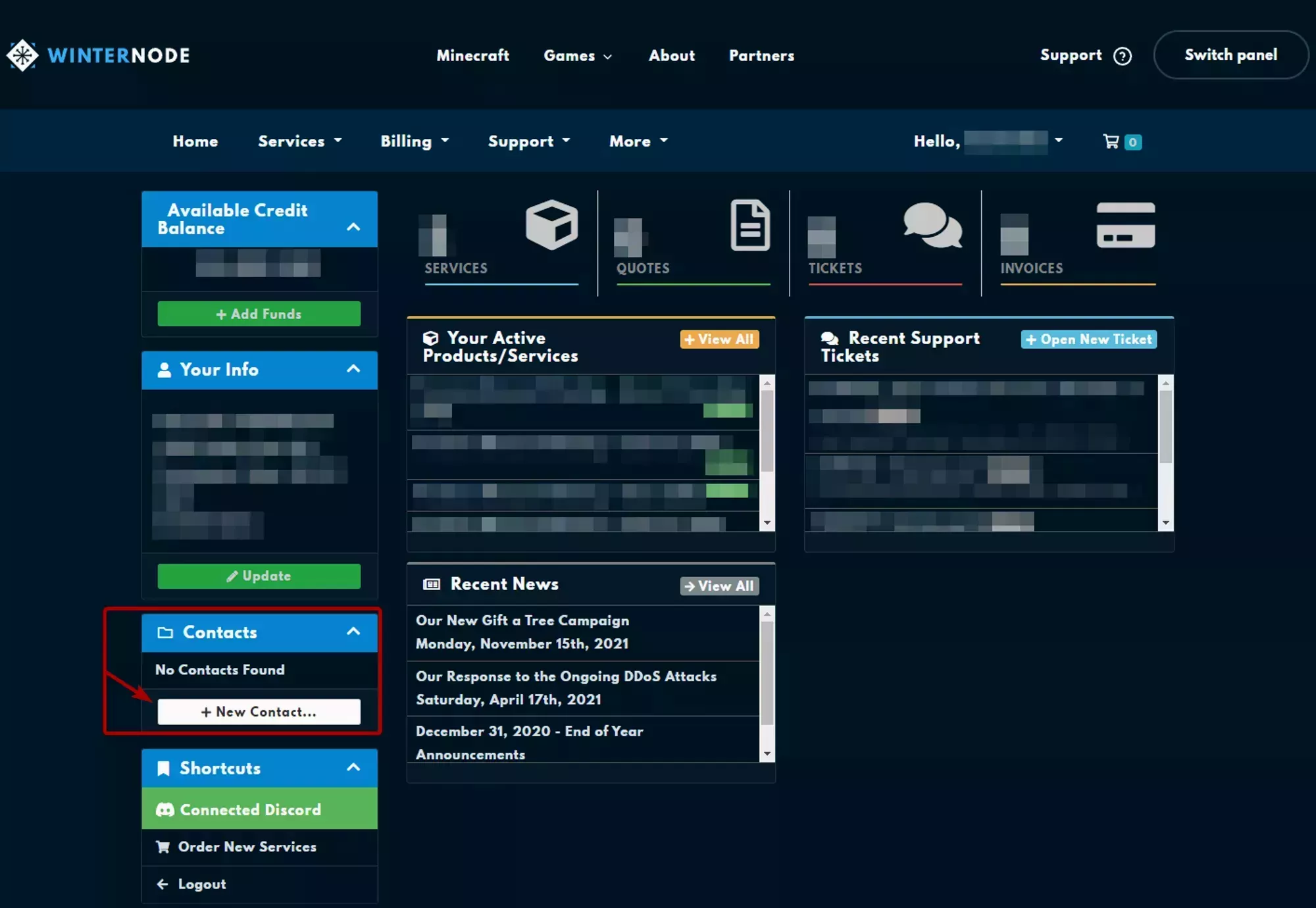 The New Contact button in the Contacts box on the right side of the home page