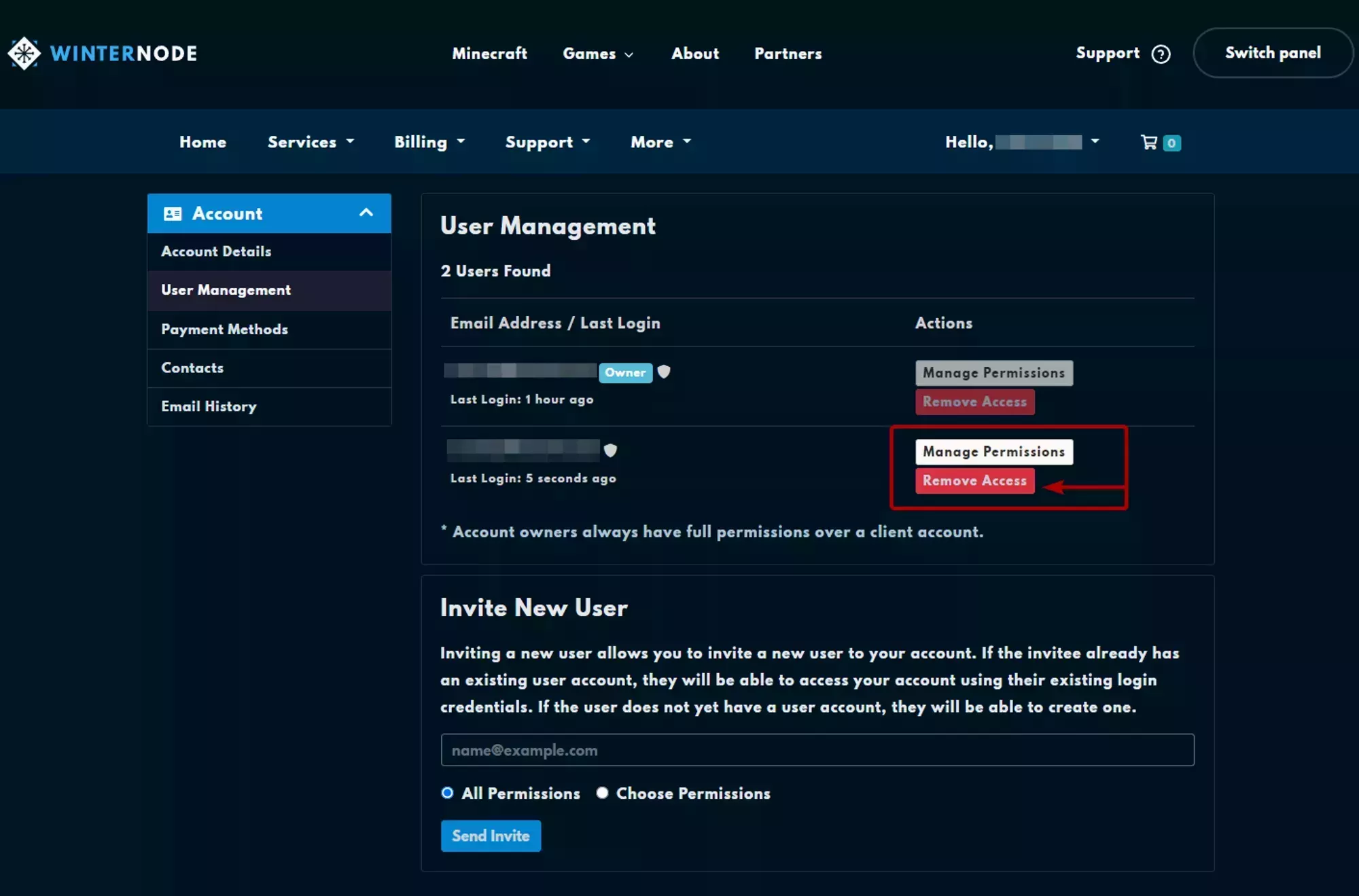 The remove access button on a Sub-User entry