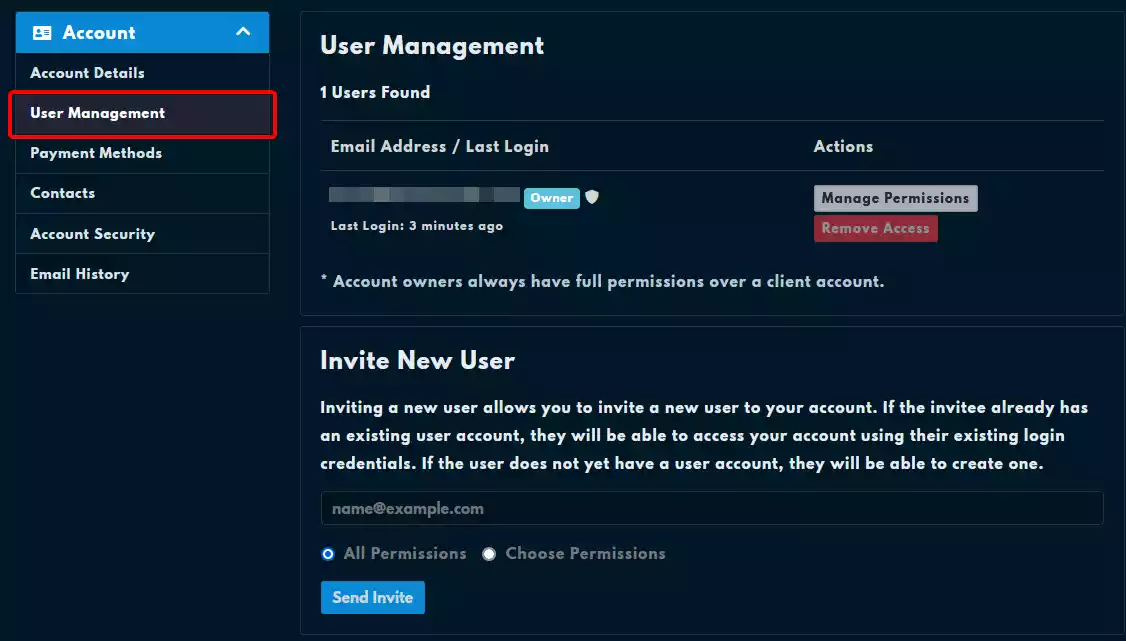 The User Management section the the Client Area with the "User Management" entry highlighted on the Account sidebar