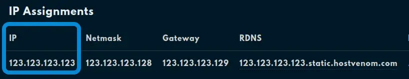 The "IP Assignments" pane on a the VPS Service with the first column on the far left "IP" highlighted.