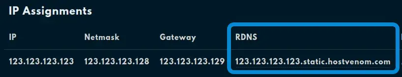 The "IP Assignments" box with your active IP Assignments and 5 columns, the 4th being "RDNS".