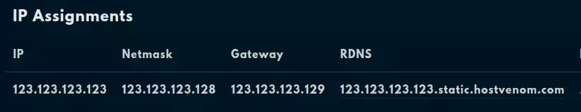 The "IP Assignments" pane on a the VPS Service page showing an IP Entry with a column for "IP", "Netmask", "Gateway". "RDNS", and "Description".
