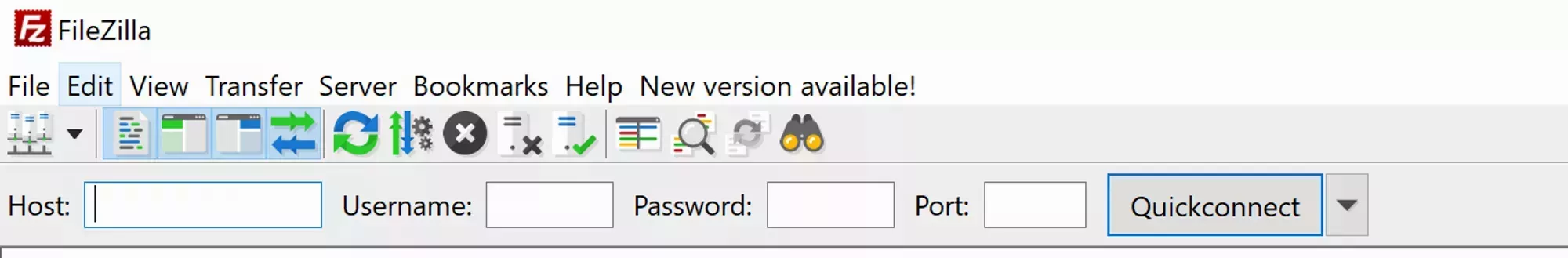 The Quickconnect login area for the FileZilla client with fields for the host, username, password, and port for the database