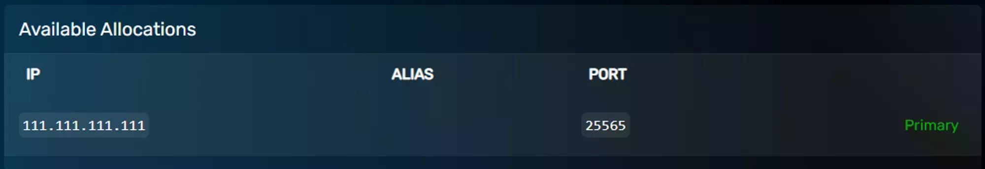 The allocations Tab of the GCP showing one entry