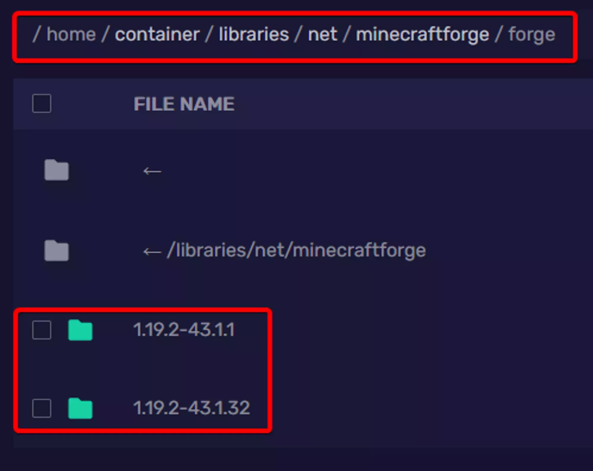 The GCP File Manager navigated to the /libraries/net/minecraftforge/forge folder showing the libraries for two versions of Minecraft