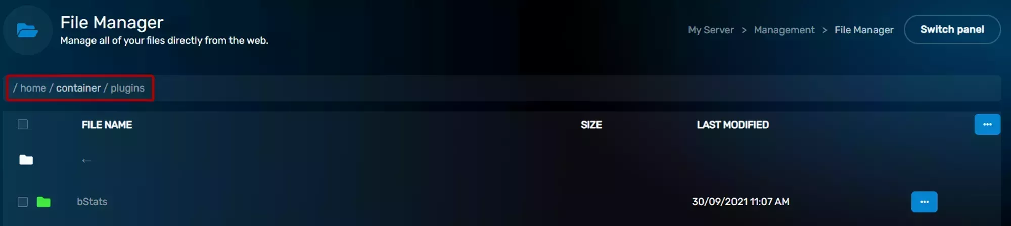 The File Manager breadcrumbs, located at the top of the File Manager interface with each recently navigated folder delinated by a / charecter and displayed in order