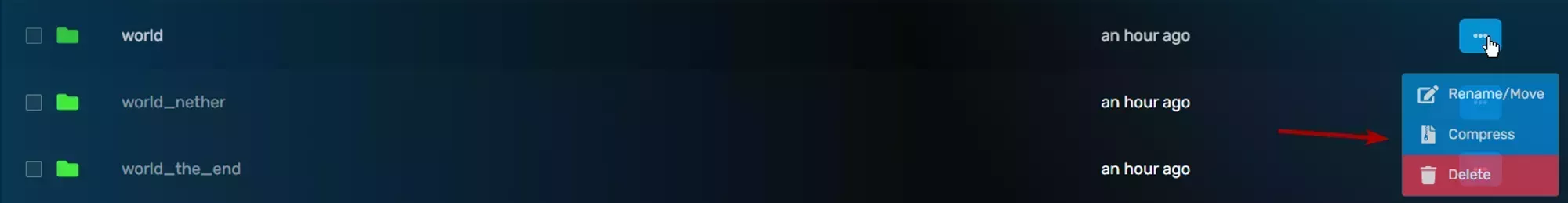 An item in the file manager with the context menu open and the an arrow pointing to the 2rd item in the list, the compress button