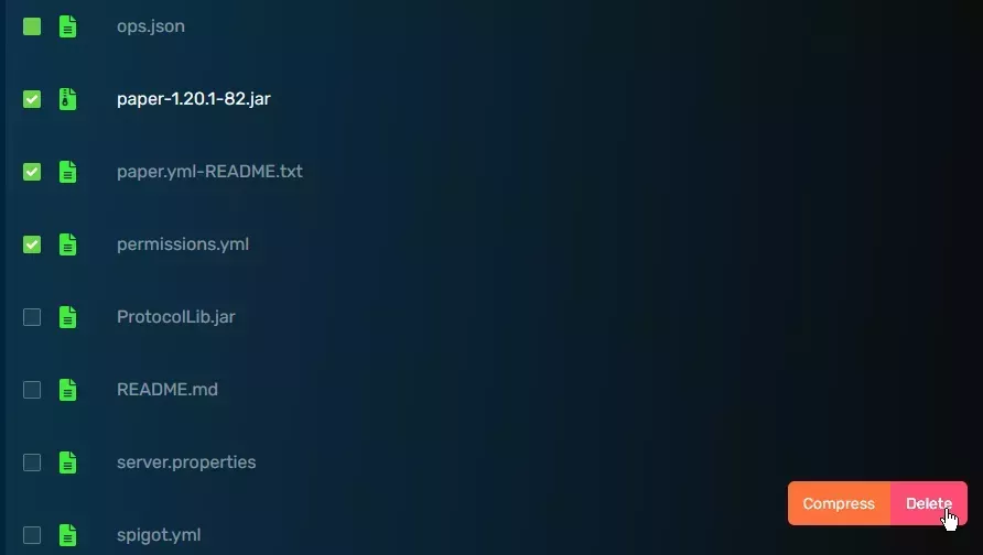 The red delete button at the bottom of the file manager web page