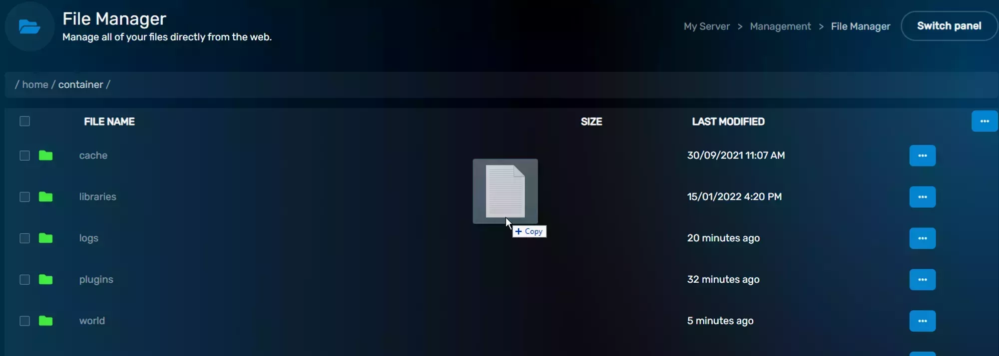 A file being dragged over the File Manager