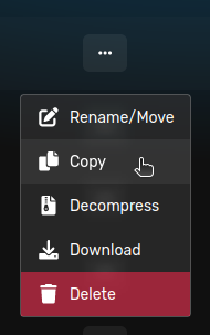 The File Manager context menu with "copy" as the second entry from the top.