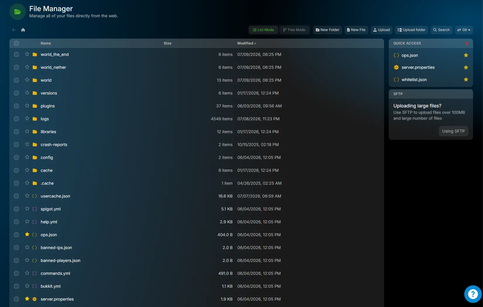 The File Manager interface showing the file list, breadcrumb path, toolbar actions, and the Quick Access panel