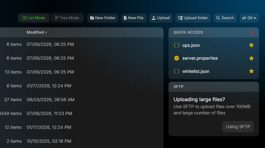 The File Manager toolbar showing the Upload and Upload folder buttons alongside the other toolbar actions