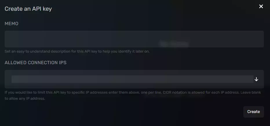 The Create an API Key Modal with an empty Modal field at the top and Allowed Connection IPs dropdown field at the bottom