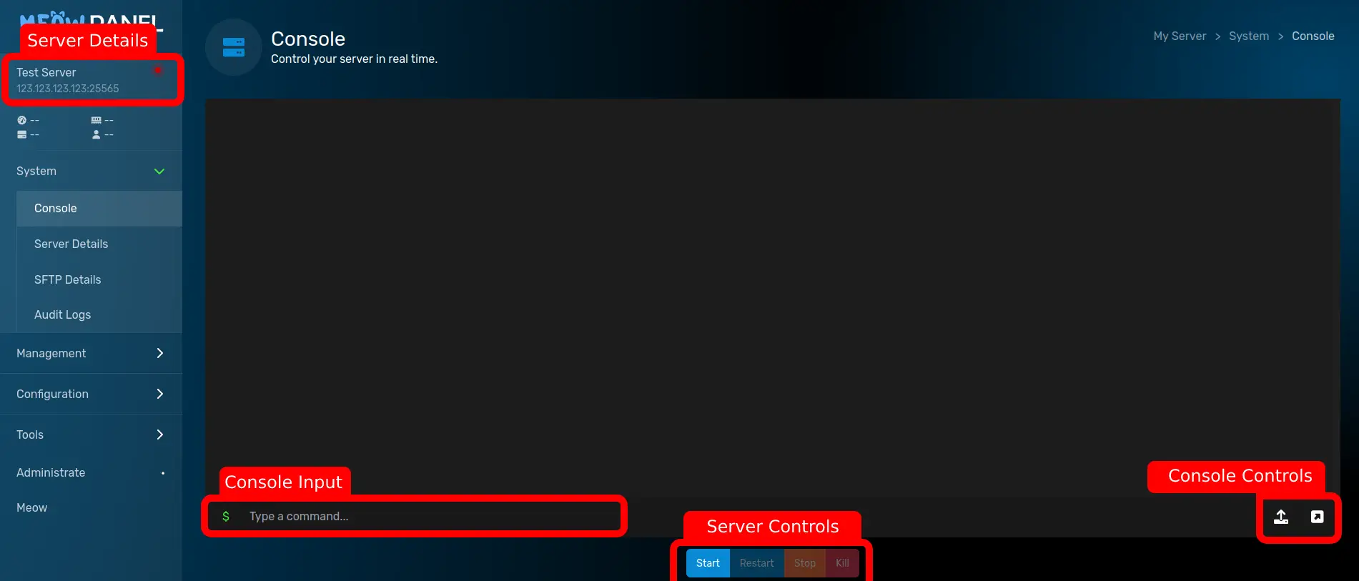 The GCP server console page with the "Server Controls" buttons located below the console window and centered.