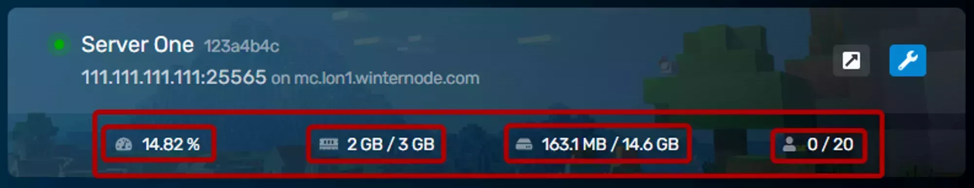 The resource usage of located on the bottom of a server listed in the GCP server list. Including the CPU percentage, current and max ram, current and max disk, and play count.