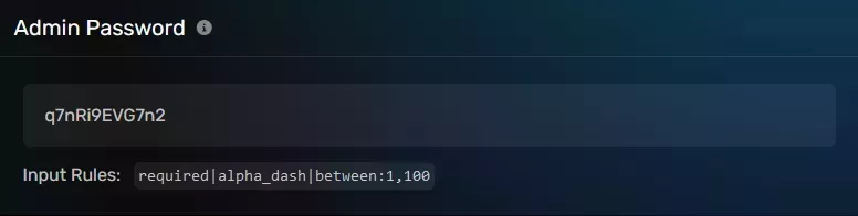 The Admin Password modal with a randomly generated password, located on the Startup Parameters tab
