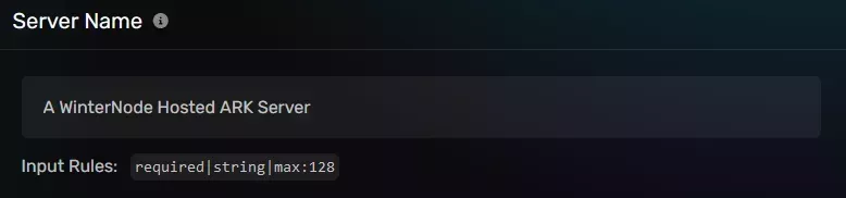 The Server Name modal with the with the default "A WinterNode Hosted ARK Server" string, located on the Startup Parameters tab