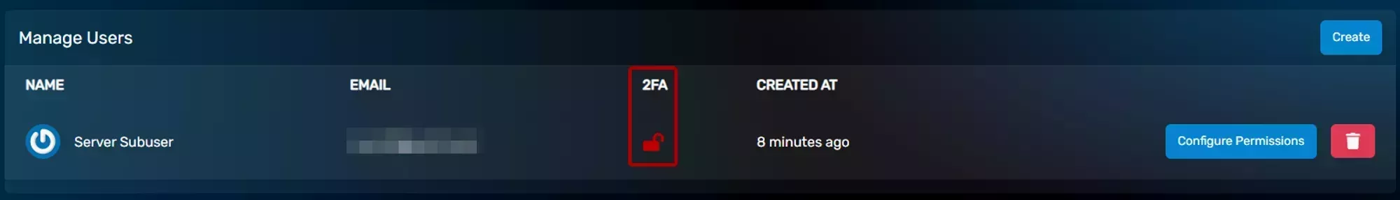 A Sub-user entry with 2FA disabled, displayed with an open red padlock in the 3rd column