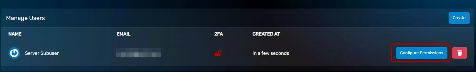 The Configure Permissions button on the right side of a Sub-User entry