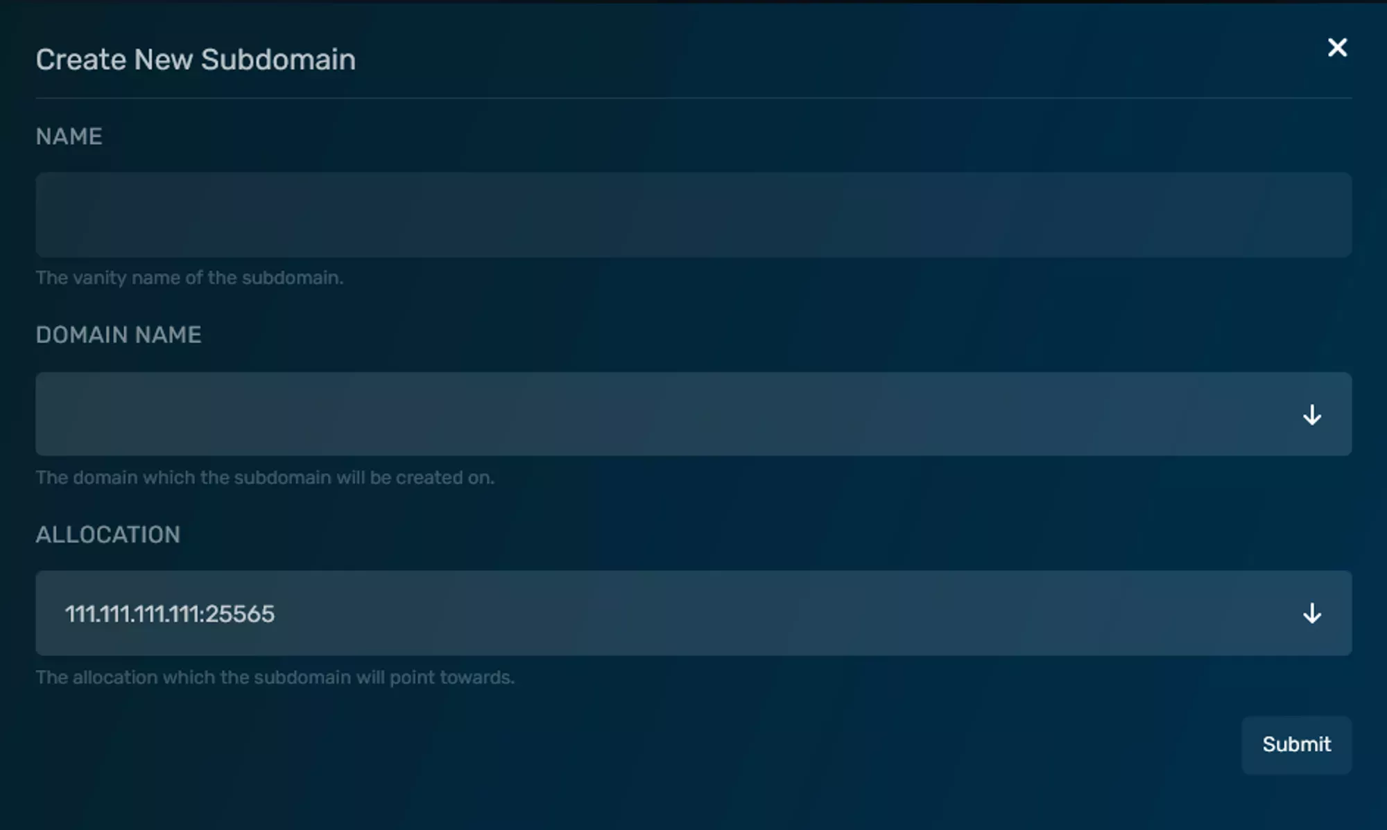 The create button located on the top right of the Subdomain list pane
