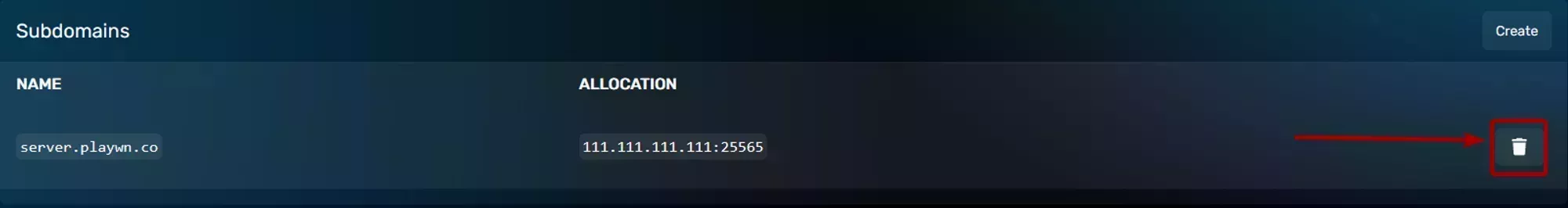 The delete button located on the far right of each subdomain entry