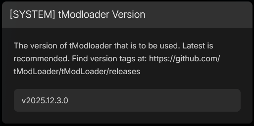 The Server Options page showing the tModLoader version field