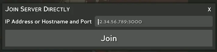 A "Join Server Directly" modal requesting an IP address to be entered in a field and a large "Join" button located on the bottom. 