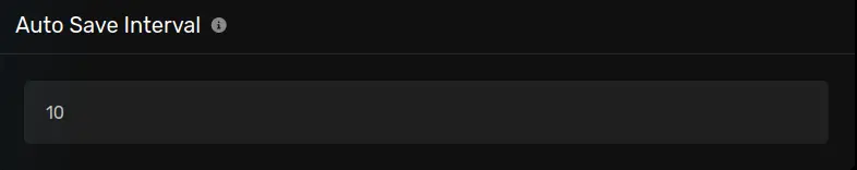 The "Auto Save Interval" modal with a default value of [10], located on the Startup parameters page of the server page.