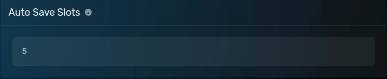The "Auto Save Slots" modal with a default value of [5], located on the Startup parameters page of the server page.