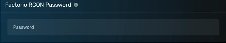 The "Factorio RCON Password" modal with an example value, located on the Startup parameters page of the server page.
