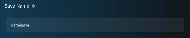 The "Save Name" modal with a default value of [gamesave], located on the Startup parameters page of the server page.