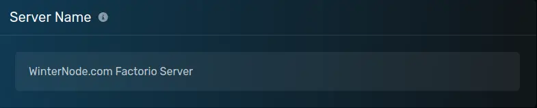 The "Server Name" modal with a default value of [WinterNode.com Factorio Server], located on the Startup parameters page of the server page.