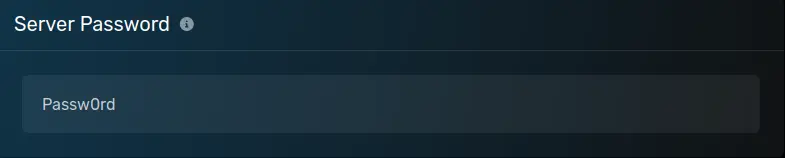 The "Server Password" modal with an example value, located on the Startup parameters page of the server page.