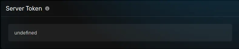 The "Server Token" modal with a default value of [undefined], located on the Startup parameters page of the server page.