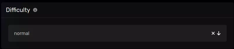 The "Difficulty" pane with a default value of [normal], selected from with a [peaceful|easy|normal|hard] dropdown, located on the Startup parameters page of the server page.