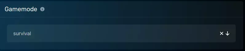 The "Gamemode" pane with a default value of [survival], selected from with a [creative|survival|adventure] dropdown, located on the Startup parameters page of the server page.