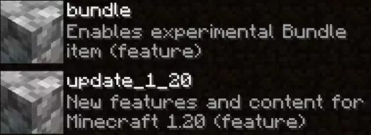 The two Minecraft Experimental datapacks released with Minecraft 1.19, "bundle" and "update_1_20"