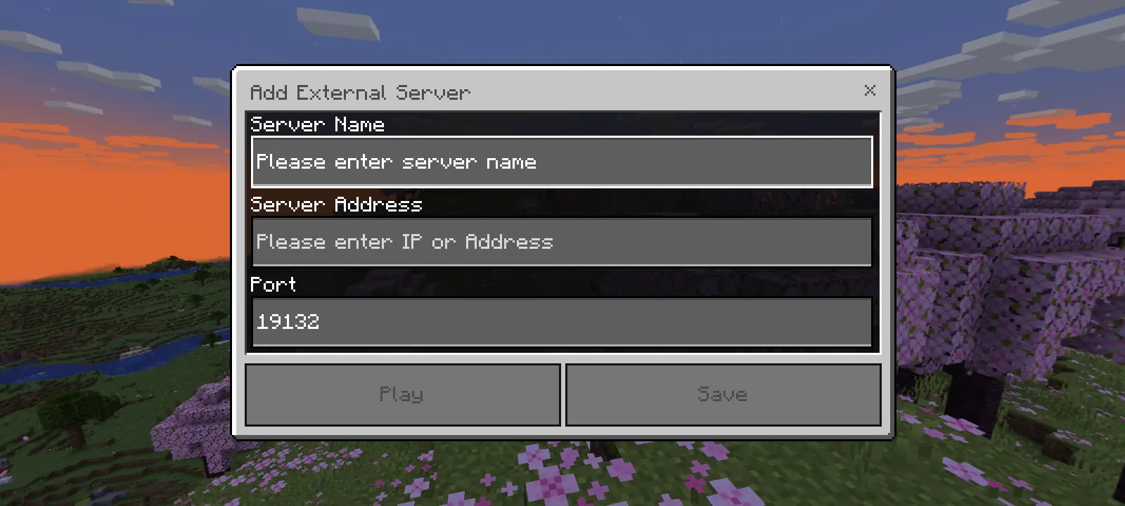 An "Add External Server" modal with 3 fields labeled top to bottom, "Server Name, "Server Address", and "Port". The default value for "Port" is "19132".