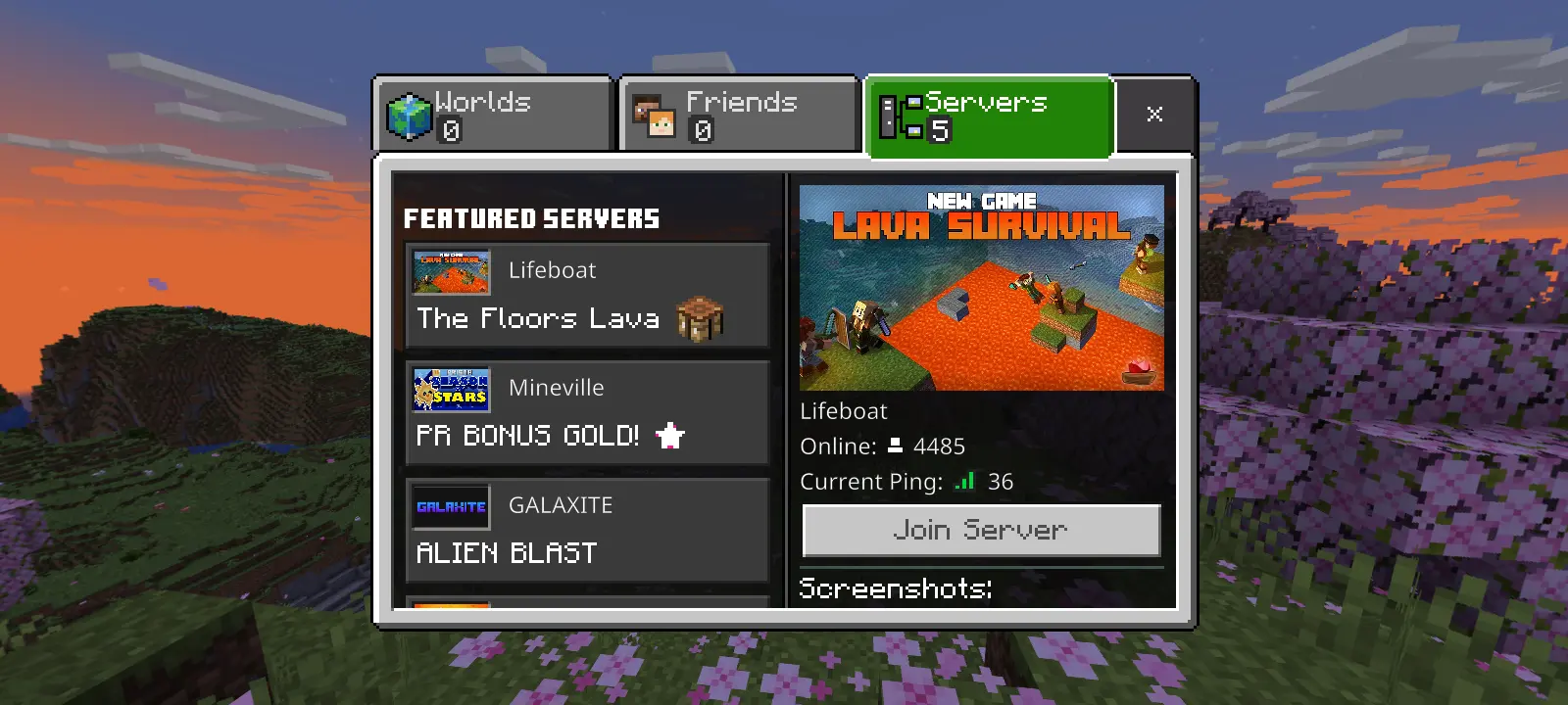 The "Servers" tab, shown to be located on the top far right side of the Minecraft "Play" screen.