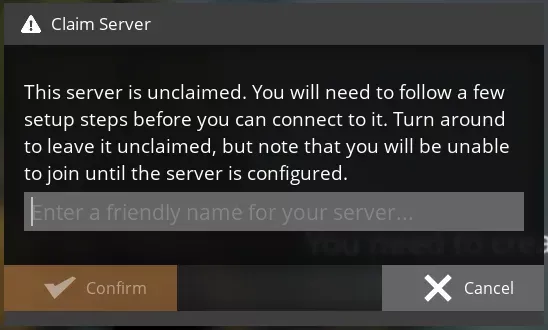 A "Claim Server" modal with a text field titled "Enter a friendly name for your server...".