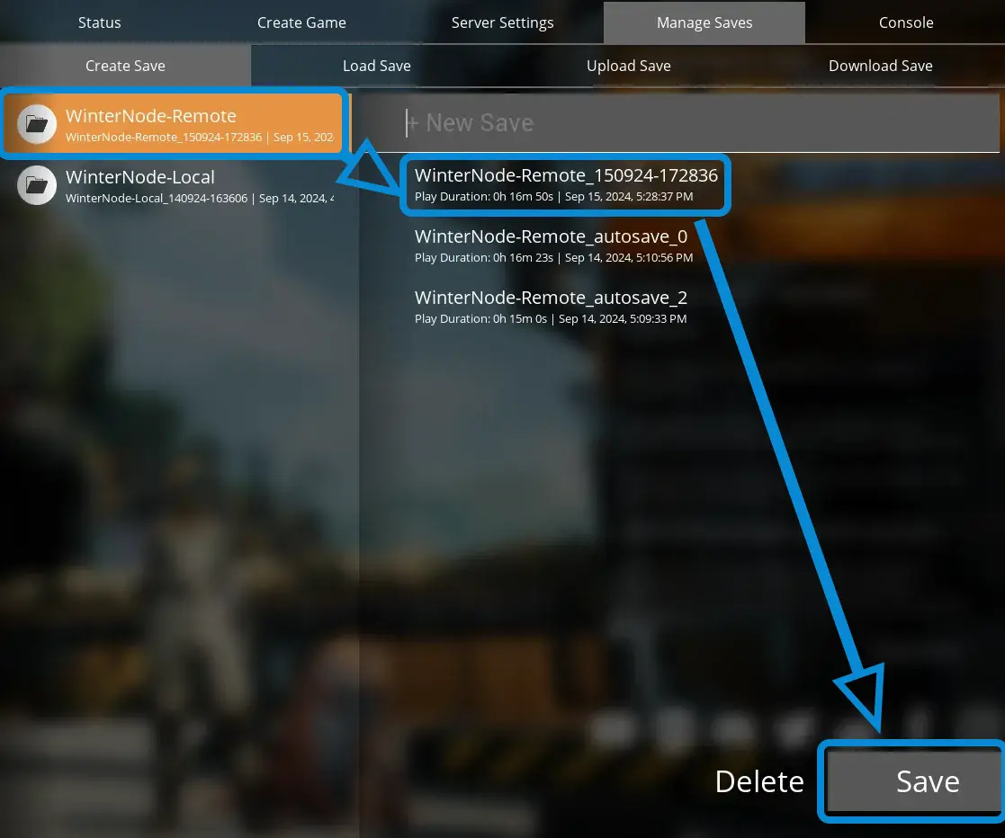 The Satisfactory Server Manager with the "Manage Saves" -> "Create Save" tab selected, with the "Sessions" list on the left side of the Server Manager, the saves list on the right, and a "Save" button on the far bottom right.