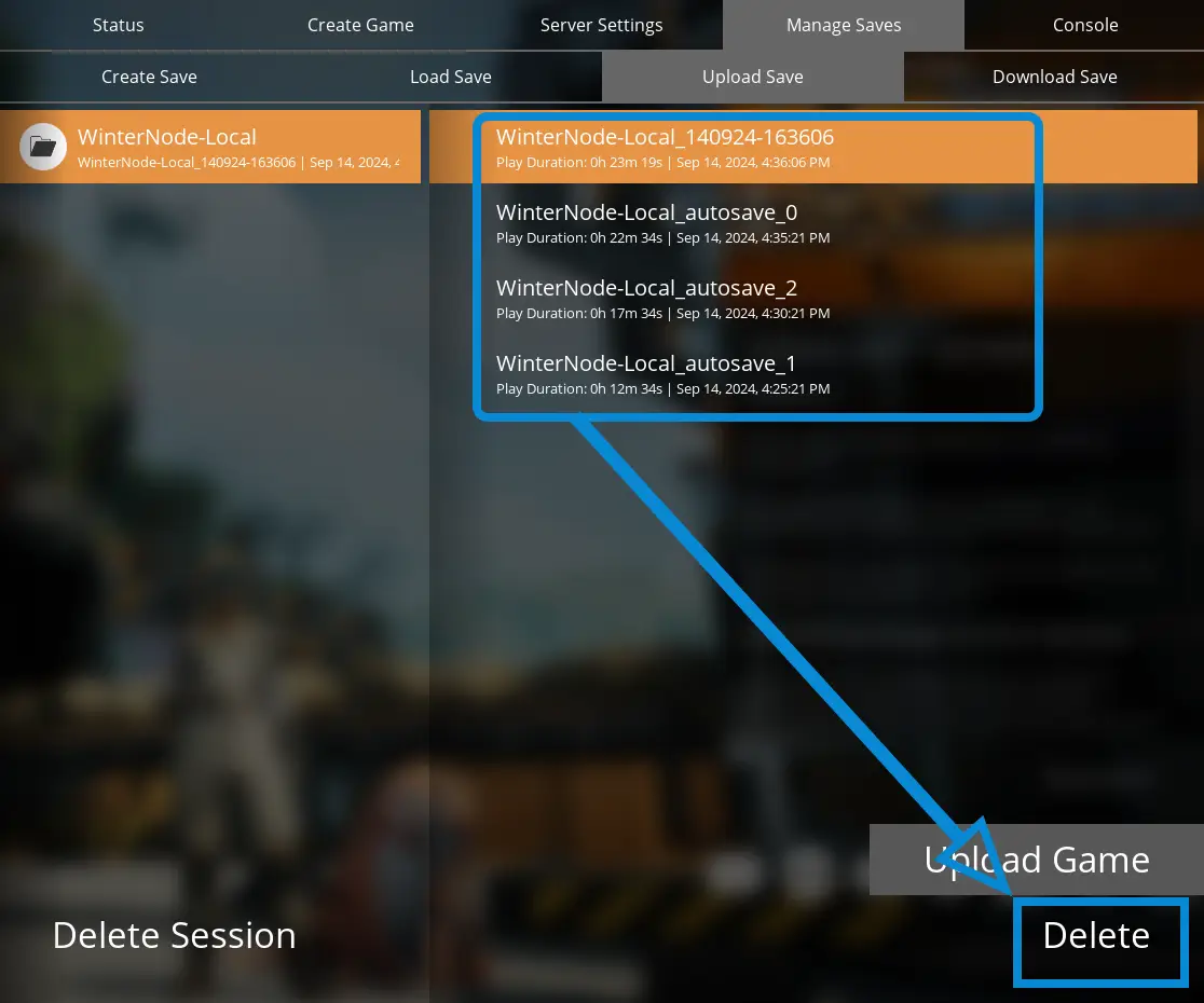 The Satisfactory "Manage Saves" -> "Upload Saves" tab in the Server Manager with the Saves list on the right side and the "Delete" button in the bottom right corner under "Upload Game".