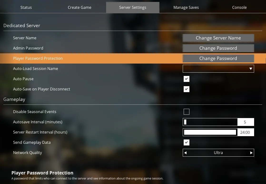 The Satisfactory Server Manager with the "Server Settings" tab selected, 3rd from the left, and the "Player Password Protection" option highlighted, 3rd from the top.